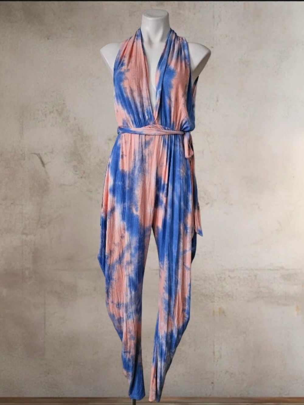 Day & Night Tie-Dye Halter Jumpsuit in Blue & Peach Small